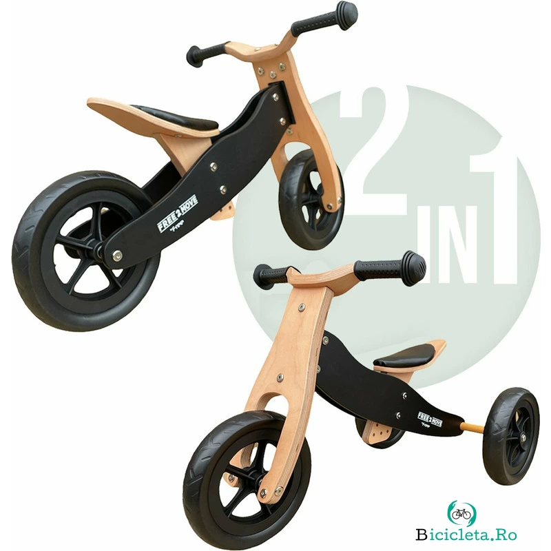 Bicicleta/tricicleta fara pedale din lemn, 2 in 1, Functie de bicicleta echilibru, Sa reglabila, Manere antiderapante, Roti ajustabile, 18 luni – 3 ani, Free2Move, Brown Black
