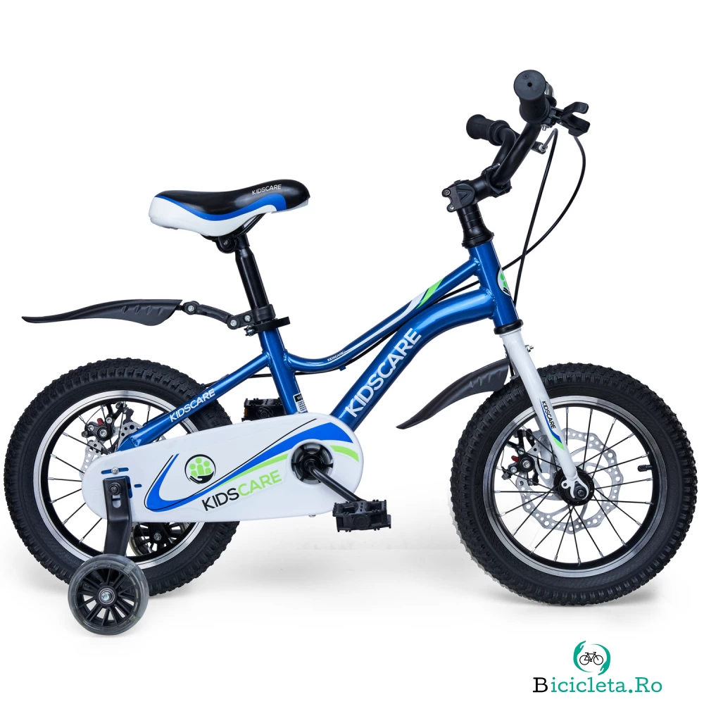 Bicicleta pentru copii 2-4 ani KidsCare HappyCycles 12 inch cu roti ajutatoare si frane pe disc albastru
