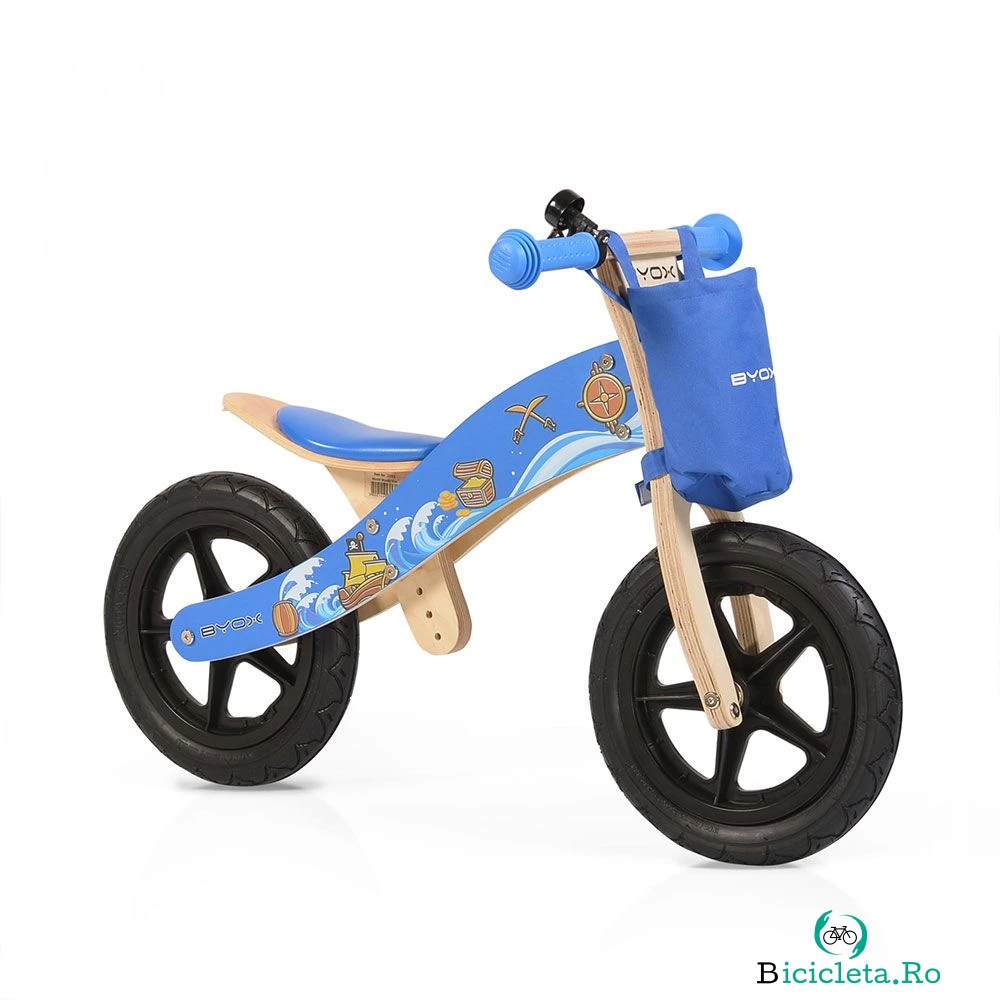 Bicicleta de lemn fara pedale pentru baieti 12 inch Moni Woody albastru