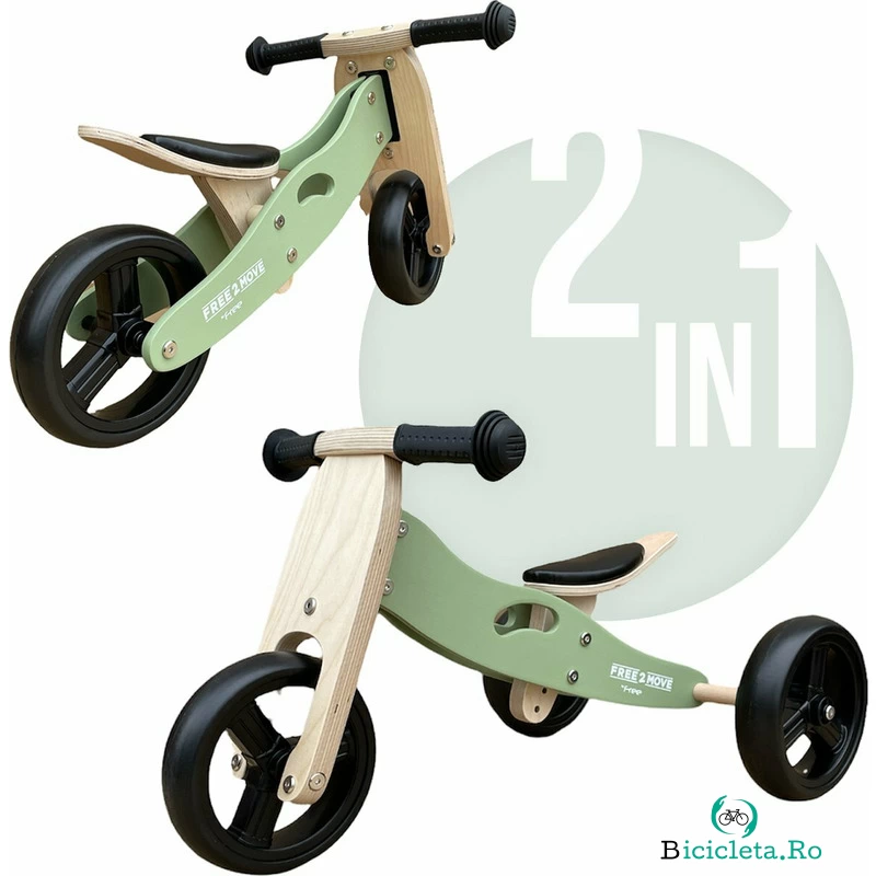 Bicicleta/tricicleta fara pedale, Free2Move, Din lemn, 2 in 1, Functie de bicicleta echilibru, Scaun reglabil, Roti ajustabile, Manere antiderapante, Varsta 1-3 ani, Conform cu standardele europene EN71-1;2018, EN71-2:2020, EN71-3:2021, Mint